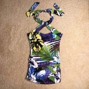 Bebe Tropical Print Neck Tie Halter Top